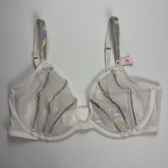 Victoria's Secret Bra Very Sexy Low Cut Demi White Mesh Shine Strap 38C NWT - Picture 1 of 5